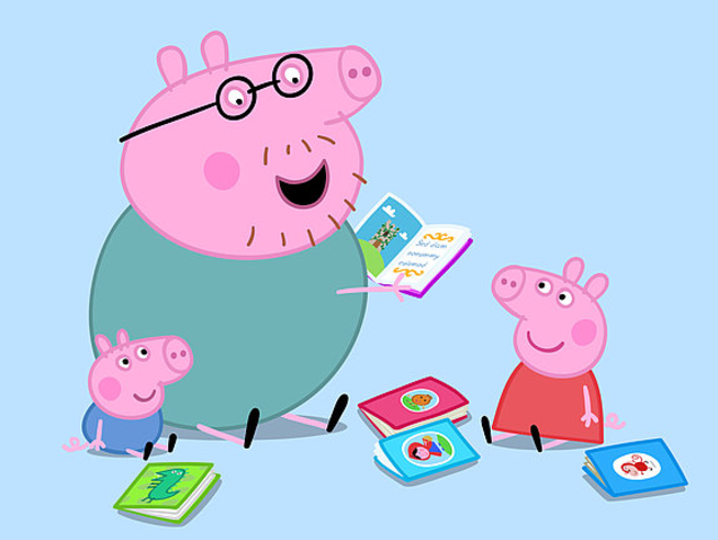 Peppa Pig und ihrem Bruder wird von ihrem Vater vorgelesen