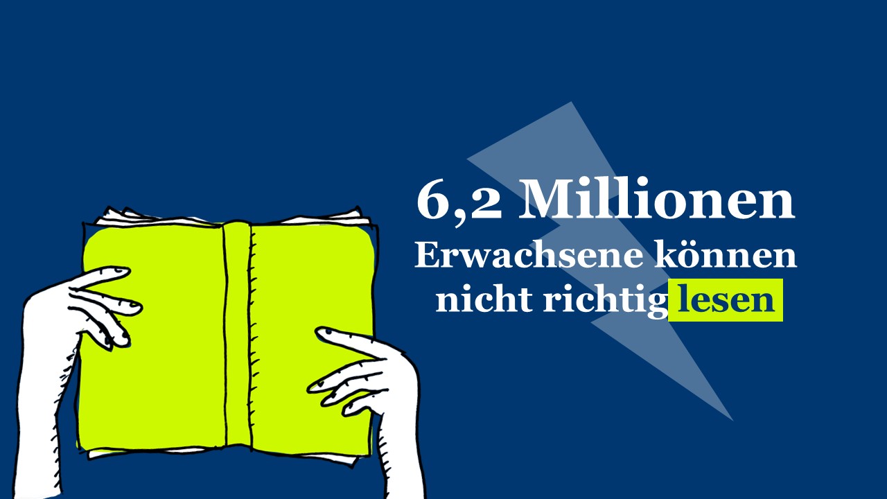 Auf dem Bild ist ein Buch zu sehe, dass von zwei Händen gehalten wird. Daneben steht: 6,2 Millionen Erwachsene können nicht richtig lesen.