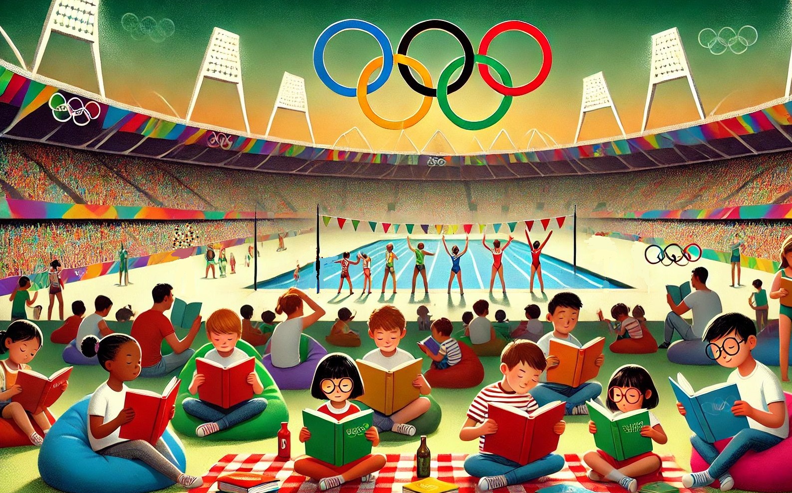 Auf dem von einer KI generierten Bild sind viele Menschen in einem Stadion zu sehen. In der Mitte, unter den olympischen Ringen, ist ein Schwimmbecken mit Sportlerinnen und Sportlern. Im Vordergrund sitzen viele Menschen verschiedenen Alters auf Decken und im Gras und lesen.