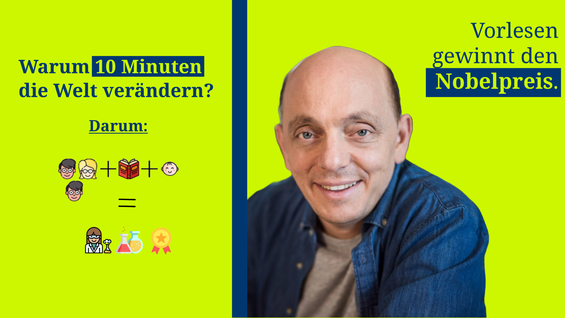 Auf dem Bild ist neben einem Emoji Bilderrätsel Bernhard Hoecker zu sehen. Daneben steht der Spruch: Vorlesen gewinnt den Nobelpreis.