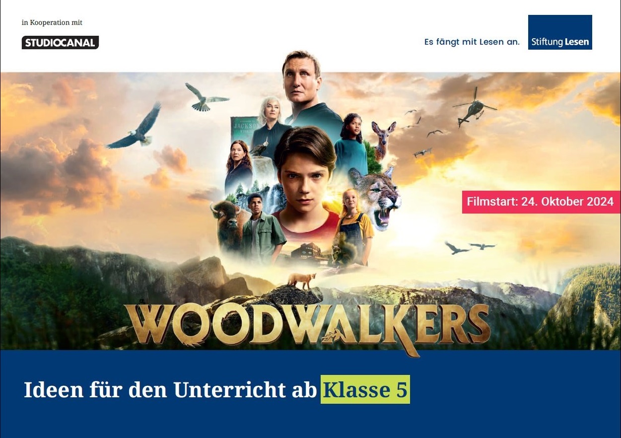 Zu sehen ist das Cover des Unterrichtsmaterials mit den Figuren aus dem Film Woodwalker und dem Logo der Stiftung Lesen 