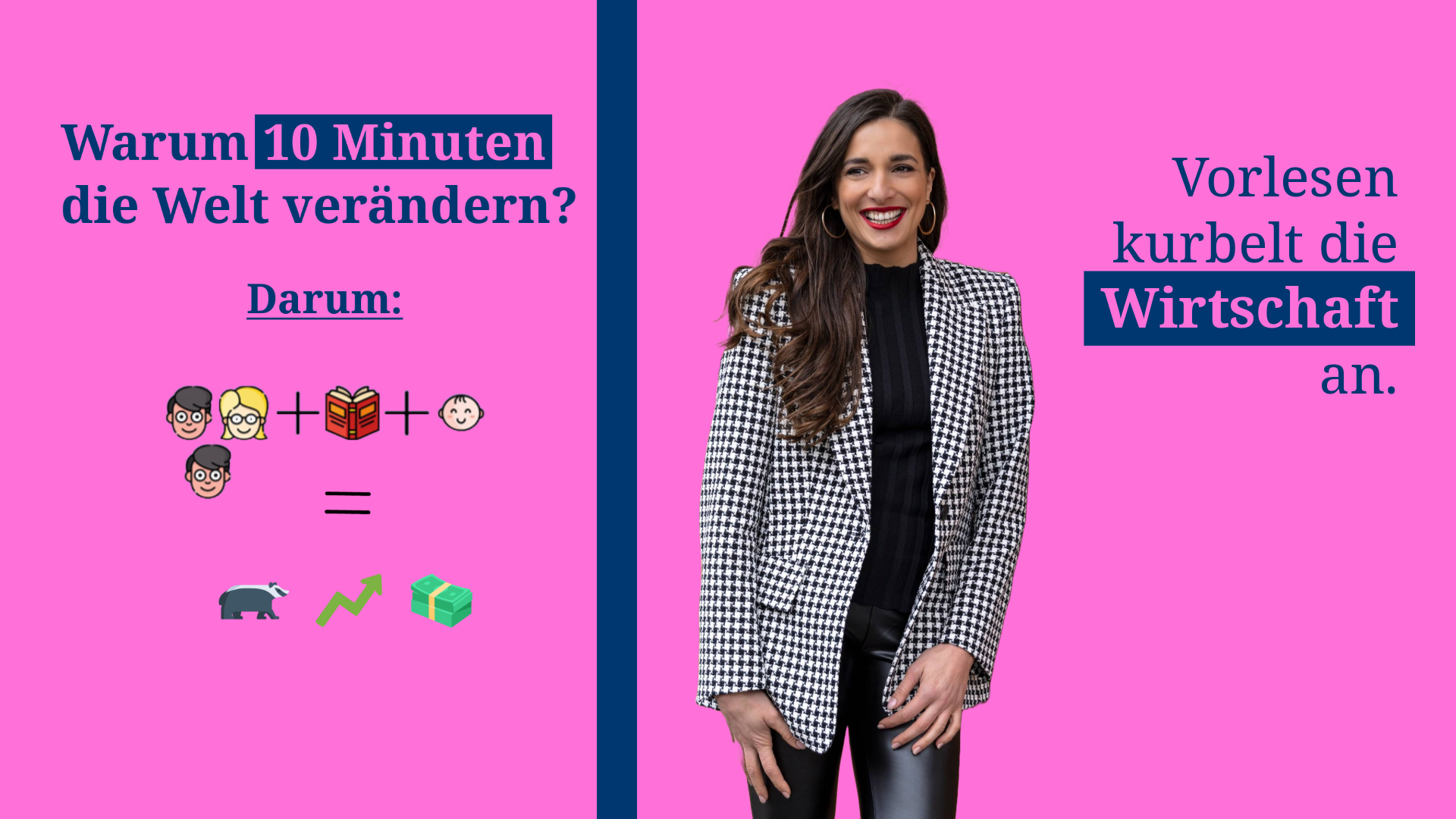 Neben dem Emoji-Rätsel zur Kampagne sieht man auf dem Bild Unternehmerin und Lesebotschafterin Sally Özcan neben der Auflösung: Vorlesen kurbelt die Wirtschaft an.