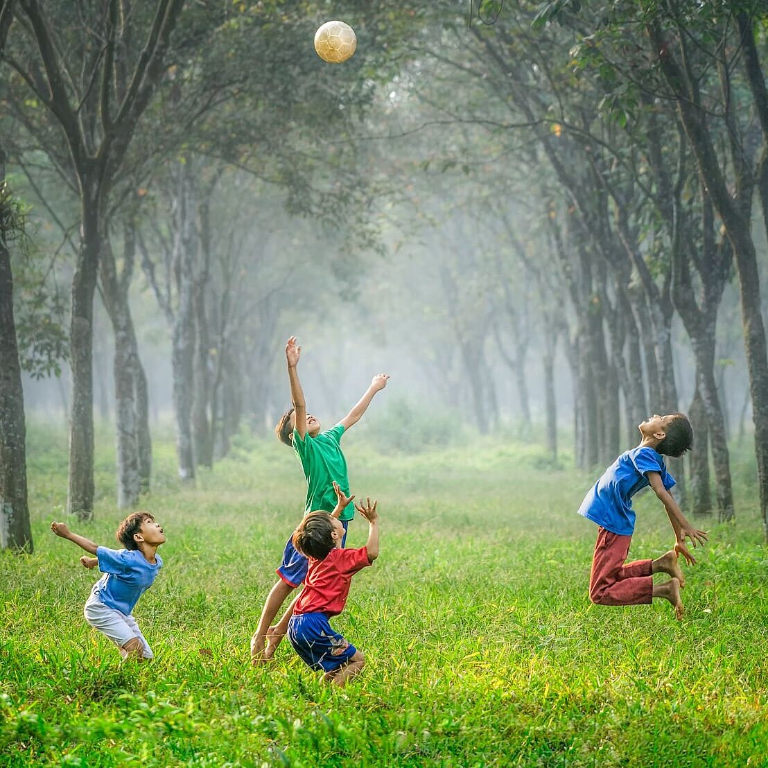 Kinder spielen auf einer Wiese 